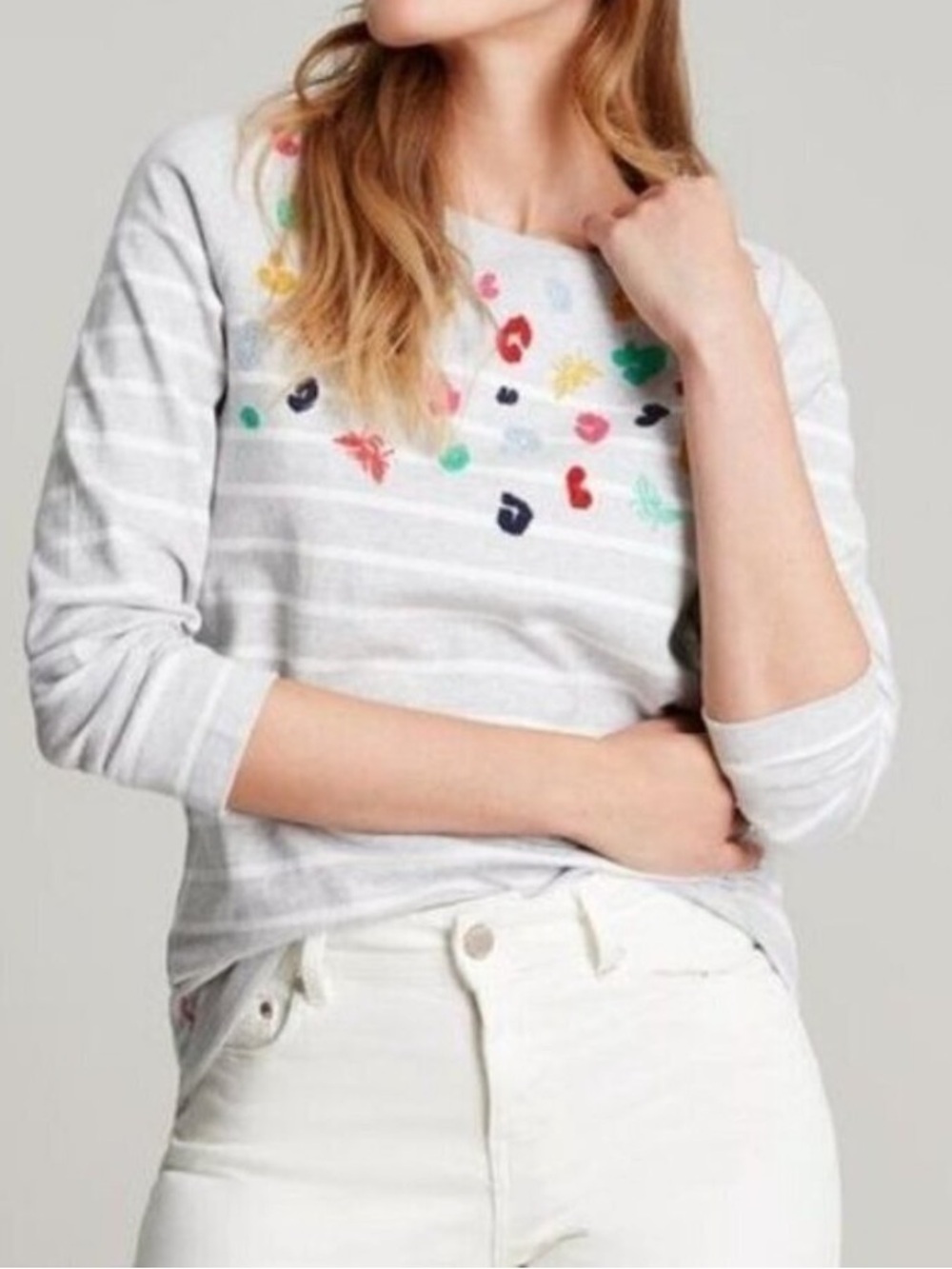 Joules NEW HARBOUR LUXE shirt gray w/ colorful leopard and bugs US 8